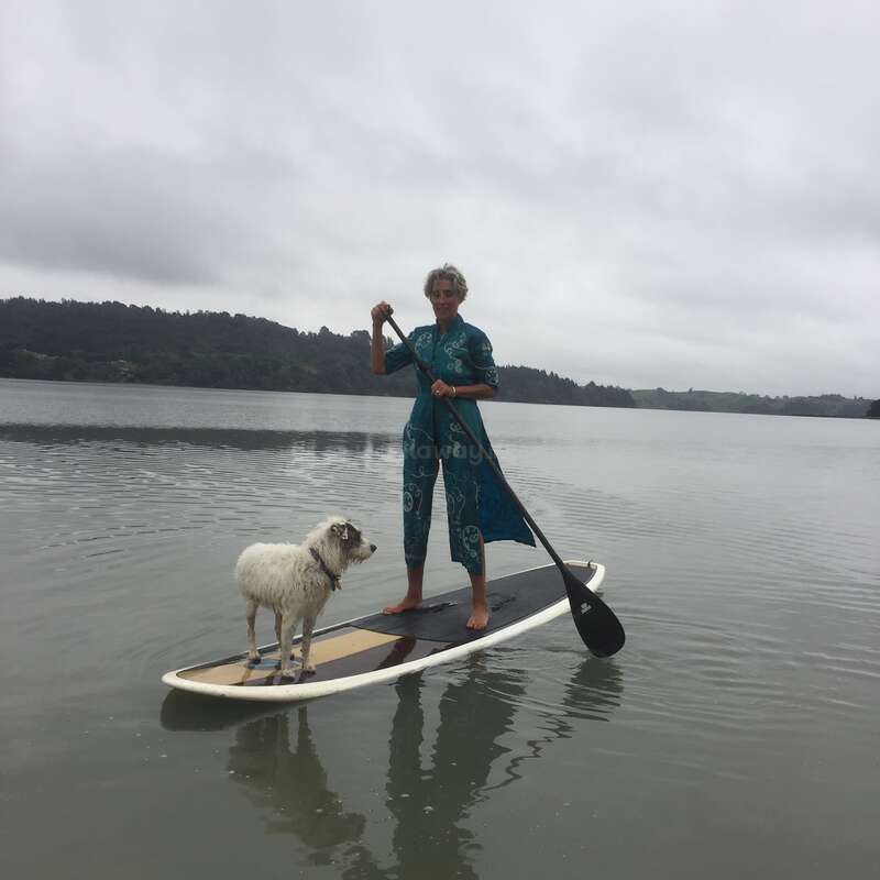 The image depicts a woman standing on a paddleboard with a dog, navigating a serene body of water under an overcast sky, surrounded by a picturesque landscape.