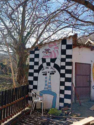 A mural of the Cheshire Cat from Alice in Wonderland is painted on a small building. The quote "We are all mad in here" is written below.