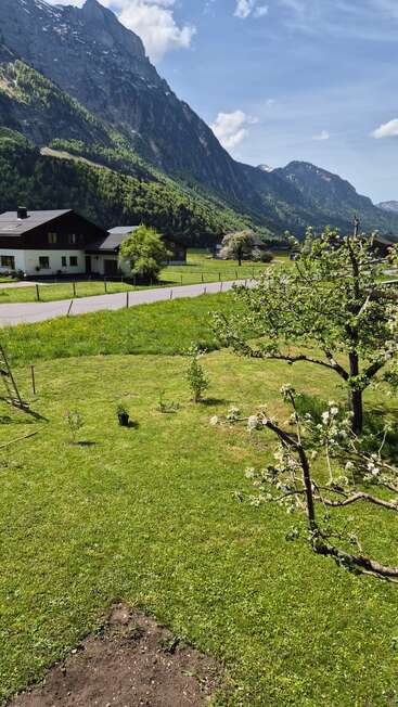 Uma paisagem serena de montanha com grama verde, árvores floridas, casas charmosas, uma escada, céu azul e picos nevados imponentes sob a luz do sol. Um cenário rural tranquilo.