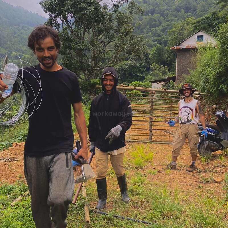Three smiling people work outdoors in a rural, green area. They carry tools and supplies, surrounded by trees, a rustic house, and mountains in the background.