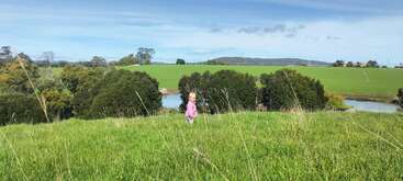 Uma criança pequena com um casaco rosa está em um amplo campo verde, com vista para árvores, um rio e colinas distantes sob um céu nublado.