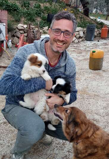 La imagen muestra a un hombre sentado en el suelo, acunando a dos cachorros en su regazo, con un sereno escenario al aire libre que incluye un jardín y diversos objetos de fondo.