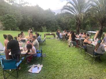 A group of people gather outdoors, sitting at tables on a grassy area, surrounded by trees and palm trees, enjoying food, conversation, and each other’s company.