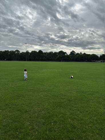Ein kleines Kind läuft über eine riesige grüne Wiese auf einen Fußball zu, unter einem bewölkten Himmel, umgeben von Bäumen und weitem Raum, was ein Gefühl von friedlicher Einsamkeit vermittelt.
