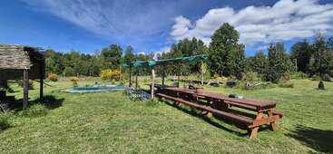A sunny outdoor scene with long wooden picnic tables under a green canopy, a small pool, grassy field, trees, and a rustic shelter, all under blue skies.