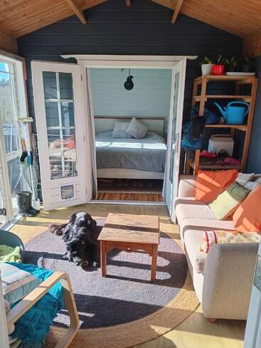 Sunlit cozy cabin interior with a bed, small sofa, wooden shelf, armchair, and coffee table. A black dog lies on a circular rug, relaxing peacefully.