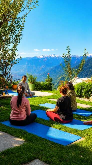 Quatre personnes sont assises sur des tapis de yoga en plein air et méditent dans un jardin pittoresque. Elles sont entourées de montagnes aux sommets enneigés et d'une végétation luxuriante, sous un ciel d'un bleu éclatant.