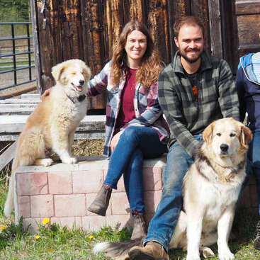 Un homme et une femme sont assis à l'extérieur sur un muret, souriants, avec deux grands chiens duveteux à leurs côtés, sur fond de bâtiment rustique en bois.