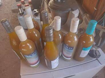 Auf einer weißen Fläche stehen mehrere Weinflaschen mit Schraubverschluss. Im Hintergrund sind Bierflaschen, ein Entsafter und andere Küchengeräte zu sehen.