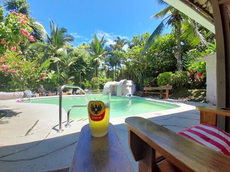 Une boisson rafraîchissante est servie sur un accoudoir en bois au bord d'une piscine ensoleillée, entourée d'une végétation tropicale luxuriante et de palmiers sous un ciel d'un bleu éclatant.