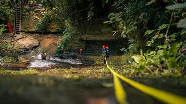 Des aventuriers équipés de casques et de harnais descendent en rappel le long d'une cascade verdoyante à l'aide de cordes jaunes. D'autres les regardent depuis le bas. La scène est entourée d'une végétation dense de jungle.