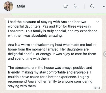 The image shows a screenshot of a text message from Maja, expressing her positive experience staying with Ana and her family in Lanzarote.