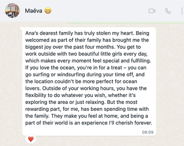 The image shows a screenshot of a text message on a light gray background, with a profile picture and name \'Maéva\' at the top left.