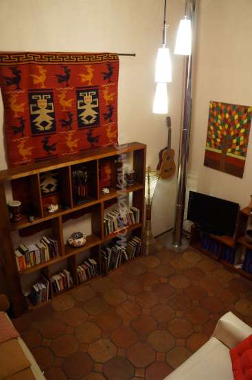 The image depicts a cozy room with a bookshelf, a guitar, and a TV, featuring a vibrant rug and a unique floor lamp.
