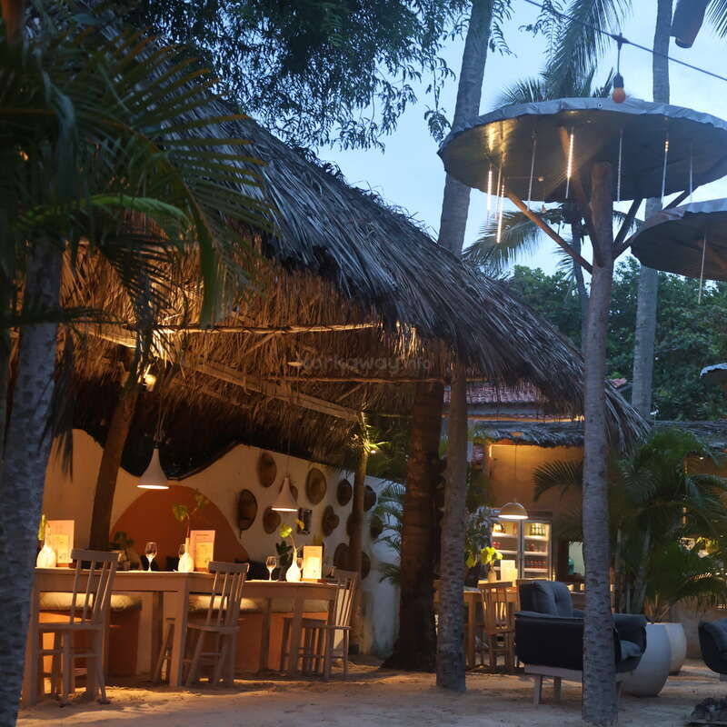 A cozy outdoor restaurant with thatched roofs, wooden furniture, warm lighting, and tropical plants. Evening ambiance enhanced by hanging lamps and a relaxed, inviting atmosphere.