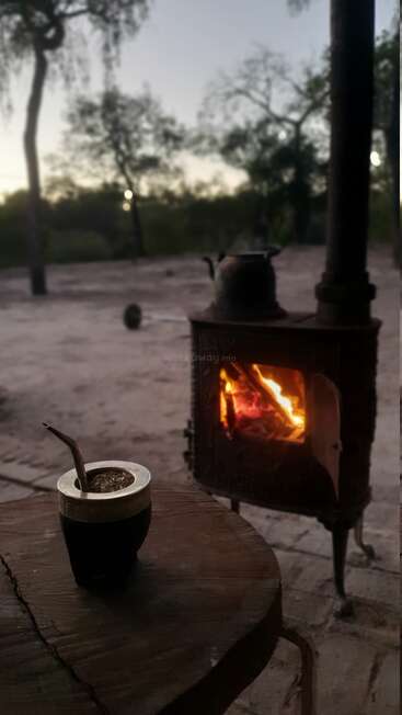 Scène rustique en plein air au crépuscule avec une table en bois, une tasse de maté, une paille en métal et un poêle à bois qui brûle chaudement à côté de quelques arbres.