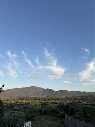 A picturesque landscape features a mountain range, lush green fields, scattered trees, and a clear blue sky adorned with wispy, white clouds on a bright day.