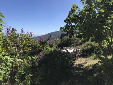 Una mesa con sillas en un soleado jardín rodeado de exuberante vegetación, flores moradas y árboles, con vistas a lejanas colinas bajo un cielo azul despejado.
