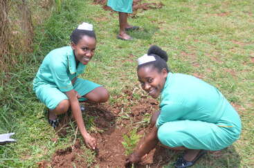 Two women in green uniforms and white headbands are planting a small tree in the dirt, surrounded by grass. They are smiling and appear to be working together.