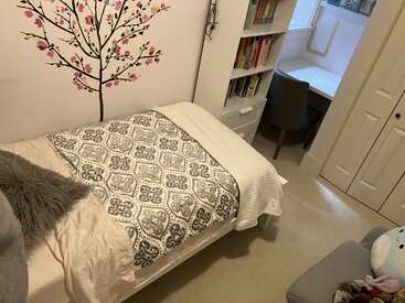 Ein gemütliches Schlafzimmer mit einem Einzelbett, gemusterter Bettwäsche, einem flauschigen Kissen, einem Baum-Wandtattoo, einem Bücherregal, einem Schreibtisch mit Stuhl, Schranktüren und einem weichen Teppichboden.