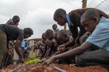 A group of school children and an adult crouch by a garden bed, attentively planting seedlings in soil, engaged in an outdoor educational and agricultural activity together.