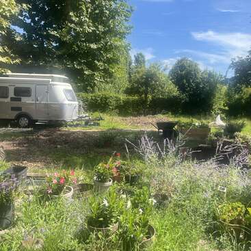 Una caravana plateada descansa bajo altos árboles en un exuberante jardín, rodeada de coloridas macetas con flores y vegetación. Una carretilla descansa cerca bajo un cielo azul despejado.