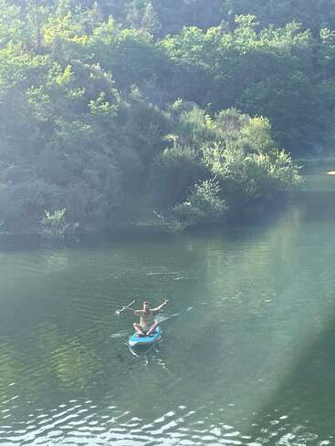 A person sits on a blue paddleboard in calm water, surrounded by lush green trees and sunlight, raising their arms joyfully, enjoying the peaceful nature.