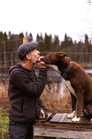 Un homme vêtu d'une tenue de plein air interagit tendrement avec un chien brun assis sur une table en bois, tandis que le chien lèche avec enthousiasme le visage de l'homme, créant ainsi un moment joyeux.