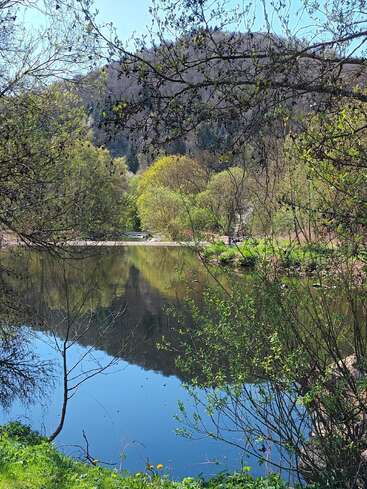 Um rio sereno reflete o céu azul e as árvores ao redor. Uma vegetação exuberante emoldura a cena, enquanto colinas distantes se erguem sob um céu claro e brilhante de primavera. Natureza pacífica.