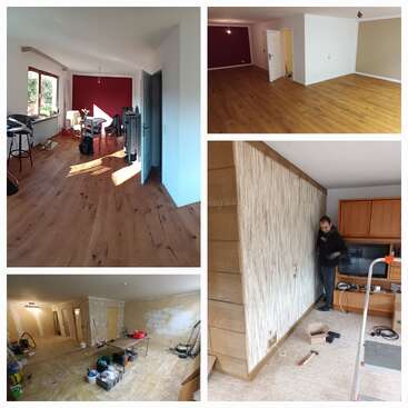 A imagem é uma colagem que mostra diferentes estágios da reforma da casa, incluindo pintura, novo piso, tratamento de parede, equipamento de trabalho e uma pessoa trabalhando em um cômodo.