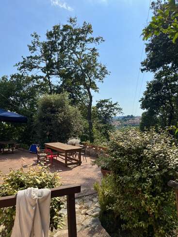 A sunny patio with wooden table and chairs sits among lush greenery and trees, overlooking distant hills under a clear blue sky. A towel hangs nearby.