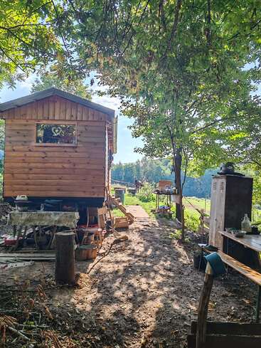 Una cabaña rústica de madera se encuentra rodeada de naturaleza, bajo frondosos árboles. Hay mesas y herramientas esparcidas por el exterior, y la luz del sol se filtra a través de las hojas, creando un ambiente tranquilo y rural.