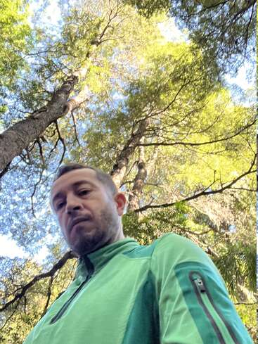 A man in a green jacket stands outdoors, looking down at the camera. Tall trees with sunlight filtering through their leaves create a vibrant, natural background.