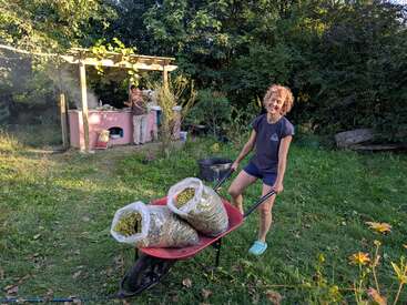 A smiling woman in a garden pushes a red wheelbarrow filled with bags of green produce. In the background, someone cooks at an outdoor kitchen.