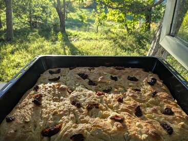 A tray of freshly baked focaccia bread with sun-dried tomatoes sits on a windowsill, with sunlight streaming onto a lush green garden outside. Peaceful, rustic scene.