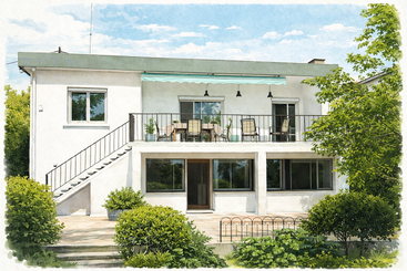 Ein modernes zweistöckiges Haus mit großen Fenstern, einem Balkon im Obergeschoss mit Sitzgelegenheiten im Freien, einer grünen Markise, einer Treppe an der Seite und üppigem Grün rund um das Grundstück.