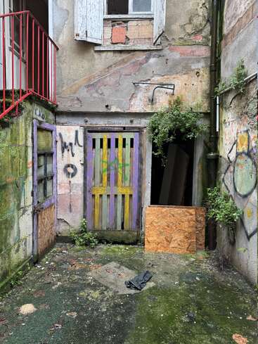 Dieses Bild zeigt einen heruntergekommenen Innenhof mit Graffiti, moosbewachsenen Wänden, einer bunten, verwitterten Tür, mit Brettern vernagelten Fenstern und überwucherten Pflanzen, was ein Gefühl von Vernachlässigung und städtischem Verfall vermittelt.