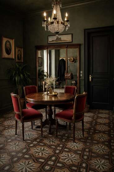 Ein Vintage-Esszimmer hat einen runden Holztisch, rote Samtstühle, einen Kristallleuchter, einen verzierten Spiegel, einen gemusterten Boden, Porträts und dunkelgrüne Wände mit eleganter Deko.