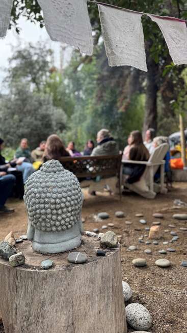 Un grupo de personas está sentado en círculo al aire libre, rodeado de árboles. Una estatua de Buda, unas piedras y unas banderas de oración crean un ambiente tranquilo y propicio para la meditación.