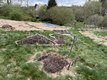 This image shows a grassy area with several garden beds, young plants growing, scattered tools, and trees in the background under a cloudy sky. Peaceful scene.