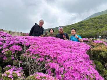 Four people stand behind vibrant pink flowers on a lush hillside, surrounded by greenery and cloudy skies, enjoying nature and posing for a cheerful group photo.