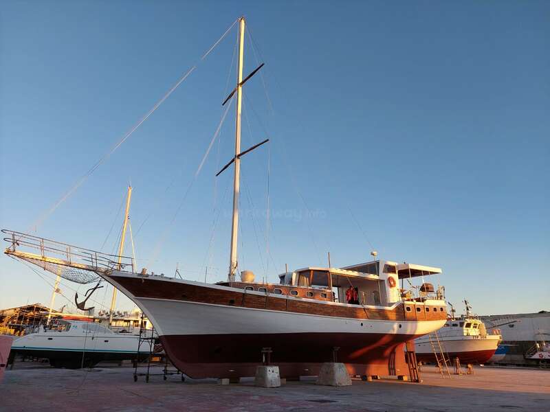 The image depicts a large sailboat on a boat lift, showcasing its white hull and wooden accents, with a clear blue sky in the background.