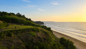 Un hermoso paisaje costero al atardecer, en el que destacan unas colinas de un verde exuberante, una playa de arena y las tranquilas olas del mar que rompen suavemente en la orilla bajo un cielo dorado.