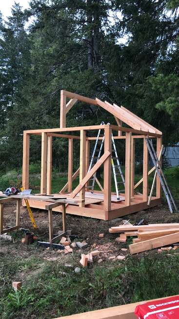 Se está construyendo una pequeña estructura de madera en una zona boscosa. Escaleras, herramientas y madera cortada están esparcidos por la obra parcialmente enmarcada.