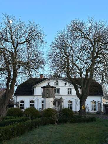 A large white house stands behind leafless trees and green bushes. The sky is clear and blue, with a visible moon. The garden looks peaceful.