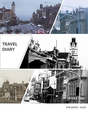 The image is a travel diary cover featuring a collage of black and white photographs of city streets with cars and buildings, with the title \"TRAVEL DIARY\" in the left corner.