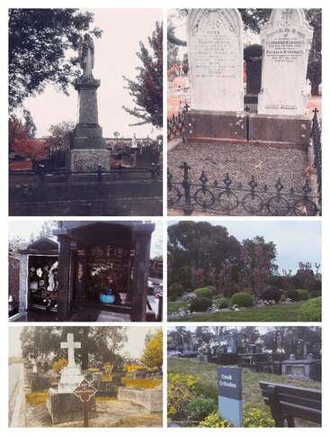 The image is a collage of six photographs of various cemeteries, featuring headstones, statues, and other memorials, with trees and flowers in the background.