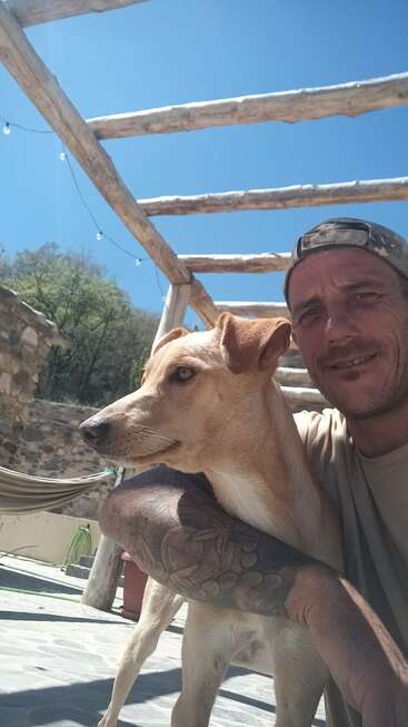 A man with a tattooed arm and wearing a camouflage cap smiles while hugging a light-brown dog outdoors under a sunny, clear blue sky and wooden pergola.