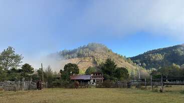 Une scène champêtre paisible où l'on voit des chevaux paissant dans un pré verdoyant, une ferme en bois, un enclos, le tout entouré d'arbres, avec en arrière-plan des montagnes brumeuses sous un ciel bleu.