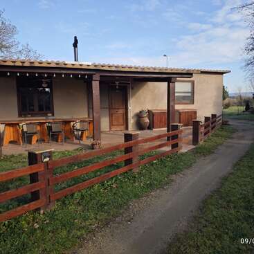 Ein gemütliches Haus mit einer Holzveranda, rustikalen Möbeln und Topfpflanzen. Die Kiesauffahrt schlängelt sich an einem Holzzaun entlang; Bäume und Gras schaffen eine ruhige Umgebung.
